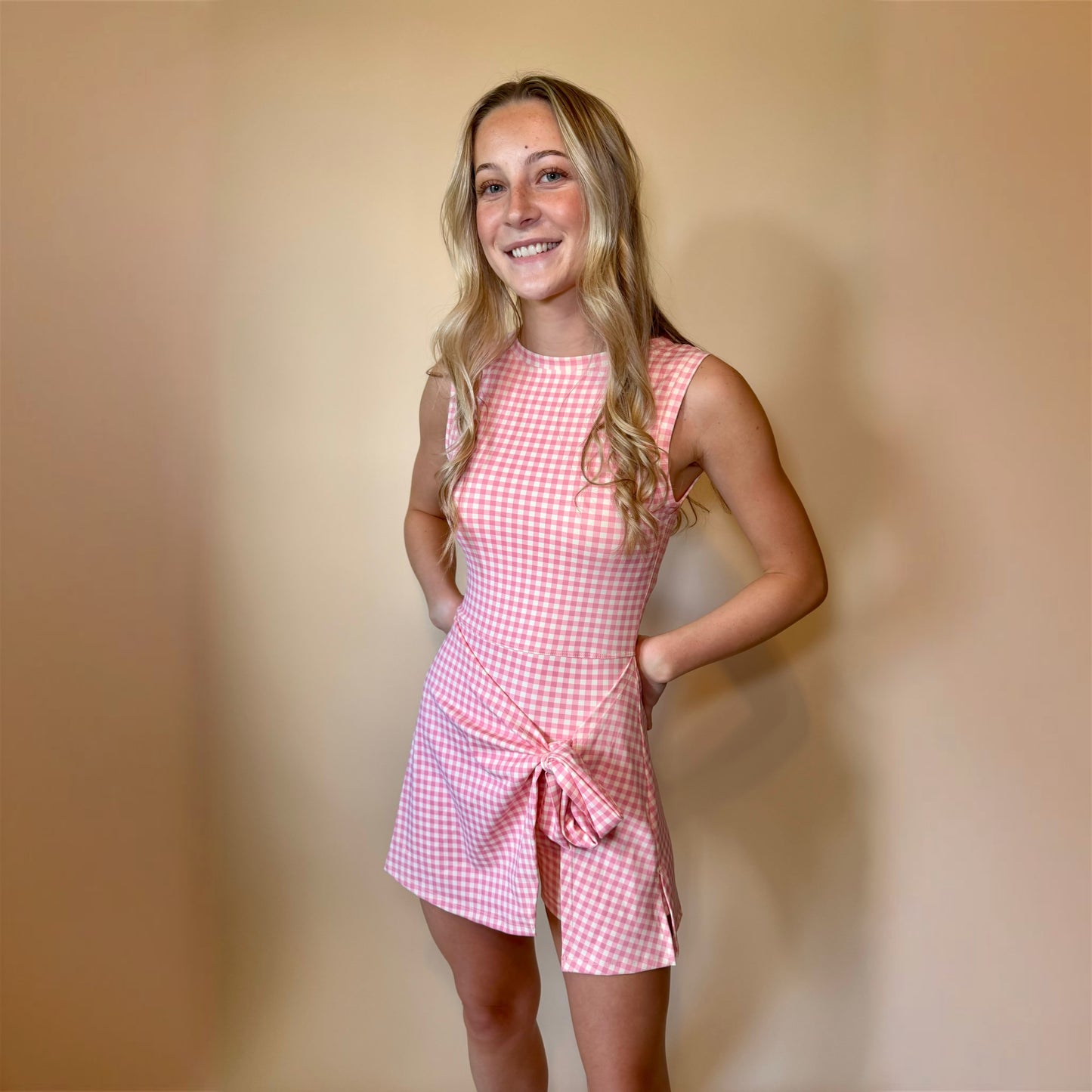 Pink Gingham Print Sleeveless Wrap Tie Front Dress